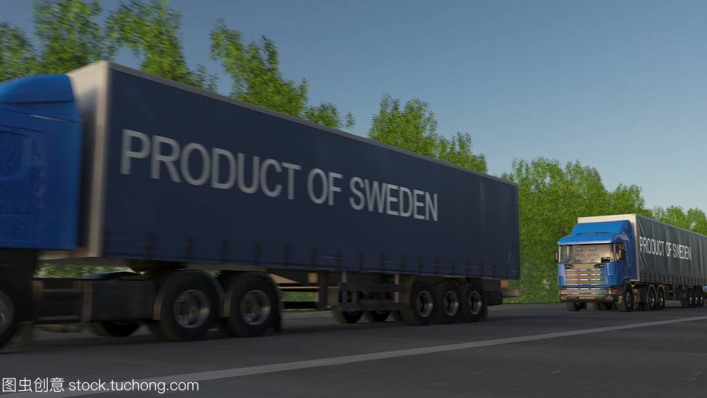 移动半货车与瑞典产品标题在拖车上。道路货物运输。3d 渲染