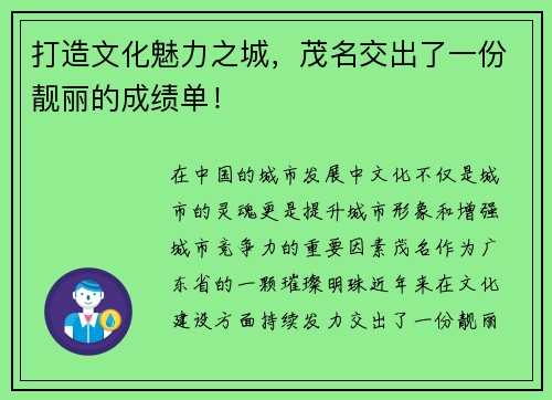 打造文化魅力之城，茂名交出了一份靓丽的成绩单！